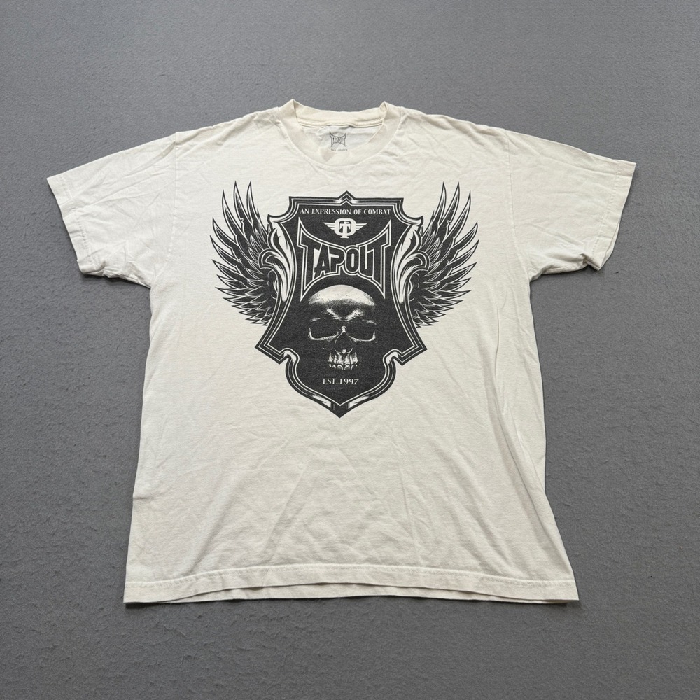 Y2K TapOut MMA T-Shirt Men's Large White Skull Wing Graphic Short Sleeve Cotton